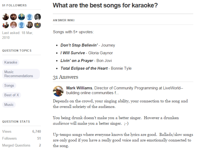Quora question : what are the best songs for Karaoke ?